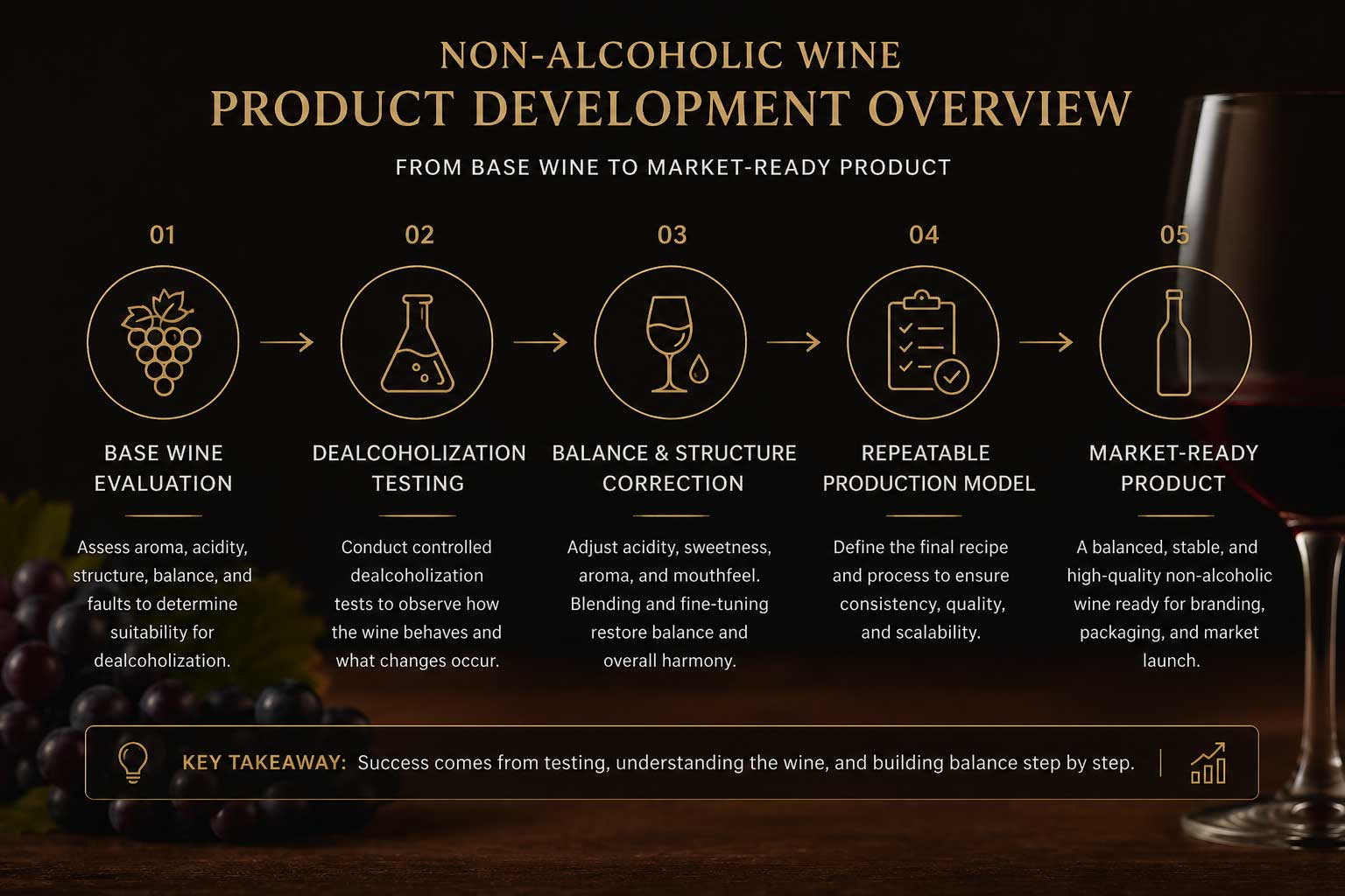 Non-alcoholic wine product development workflow from base wine to final product